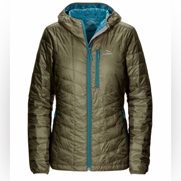 L.L. Bean Jackets & Blazers - L.L.Bean PrimaLoft Packaway Hooded Jacket in olive green with teal accents